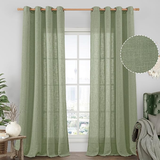 Semi Sheer Linen Curtains 108 Inches Long for Living Room 2 Panels | Sage Green, Linen Textured, Bedroom Curtains, Light Filtering, Drapes for Farmhouse, Bronze Grommet, 52 x 108 Inch