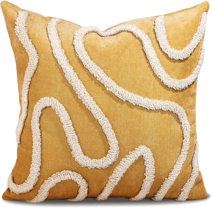 Throw Pillow Covers 18x18 - Tufted Boho Decorative Pillow Cover with Zipper for Couch Sofa Bed Living Room Aesthetic Soft Spring Summer Abstract Textured Indoor Pillowcase, Yellow Line