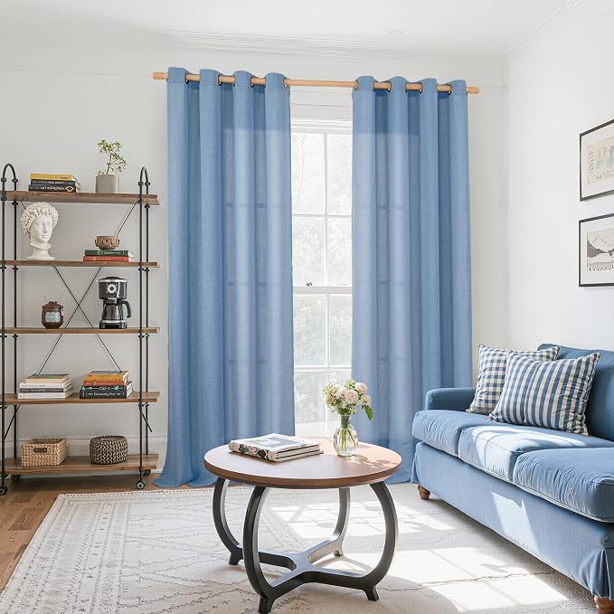 YoungsTex Denim Blue Linen Curtains 95 Inch Length for Living Room, Semi Sheer Drapes with Bronze Grommet Privacy Light Filtering Ocean Decorative for Office Bedroom Window, 52 x 95 Inch, 2 Panels