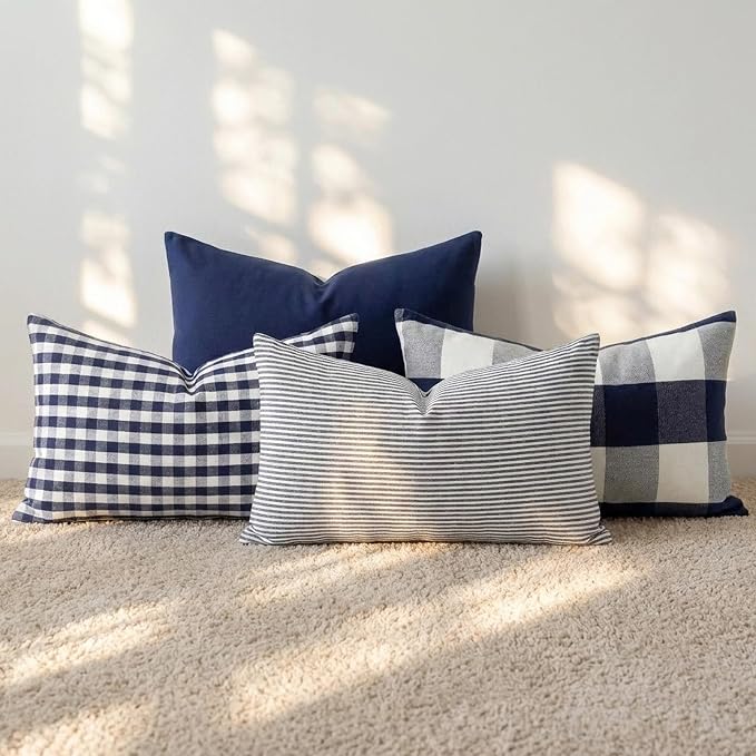 Rectangle Navy Blue Striped Plaid Outdoor Lumbar Decor Pillow Covers 12x20 | Farmhouse Blue and White Decor Coastal Pillow Covers 20x12 Set of 4, Neutral Navy Blue Throw Pillows For Couch Sofa Patio