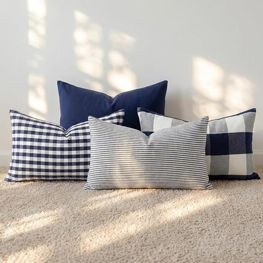 Rectangle Navy Blue Striped Plaid Outdoor Lumbar Decor Pillow Covers 12x20 | Farmhouse Blue and White Decor Coastal Pillow Covers 20x12 Set of 4, Neutral Navy Blue Throw Pillows For Couch Sofa Patio