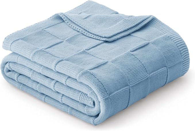 Whale Flotilla Checkered Knit Throw Blanket for Couch, Blue | Soft Decorative Knitted Blankets for Couch Sofa Bed, Lightweight Cozy Throws for Spring Summer, 60x80 Inch