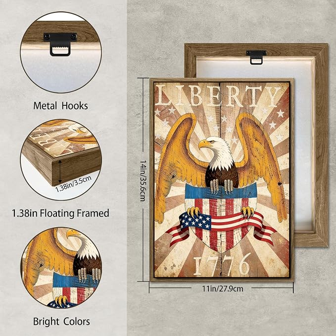 American Flag Framed Canvas Wall Art, 4th of July Patriotic Canvas Prints | USA Flag with Bald Eagle Poster Print, Vintage Independence Day Wall Decor for Bedroom Living Room 11×14in