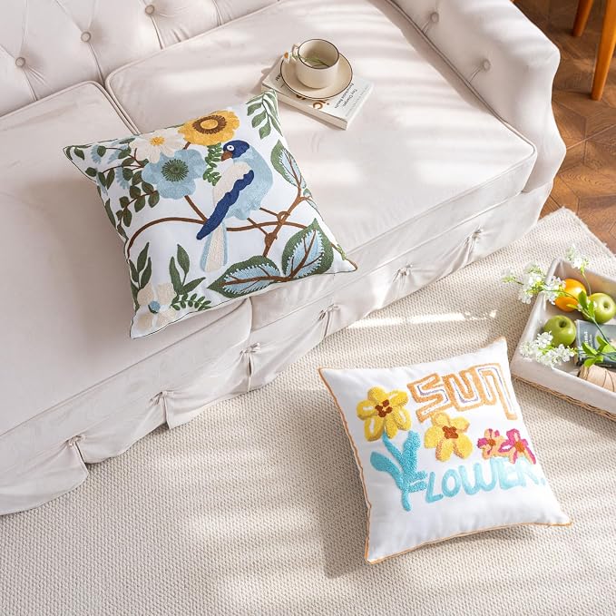 YIcabinet Pack of 2 Throw Pillow Covers,Flower and Bird Pattern Embroidered Pillow Case Soft Decorative Pillowcases for Home Sofa Couch 18x18 Inch