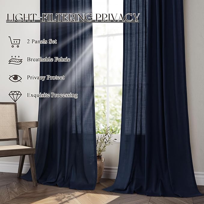Jowels Navy Linen Curtains 108 Inch Long 2 Panels for Living Room | Navy Blue Light Filtering Semi Sheer Curtain,Back Tab Pocket Pleated Look,Boho Textured Privacy Drapes for Bedroom Window