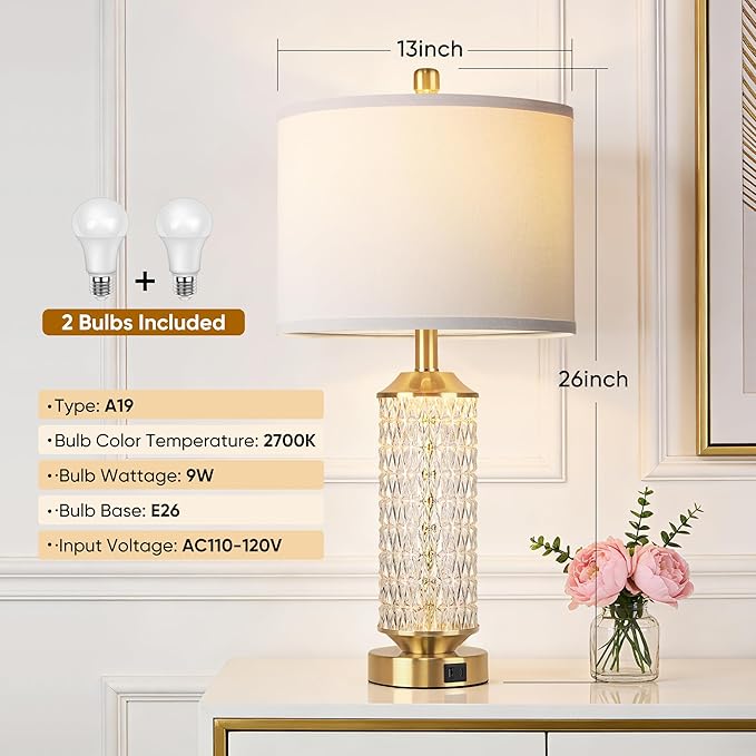 QiMH Glass Table Lamps Set of 2, Modern Gold Beside Lamps for Living Room