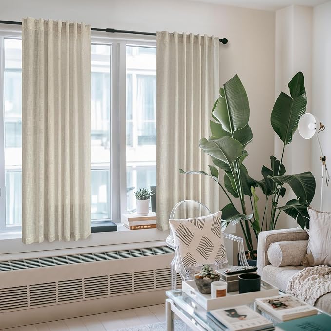 Flax Linen Curtains 38 Inch Wide for Bedroom 2 Panels Back Tab Rod Pocket Light Filter Semi Sheer Beige Curtains for Small Windows Narrow Mini Skinny Door Decor 38 Inch Width by 63 Inch Length