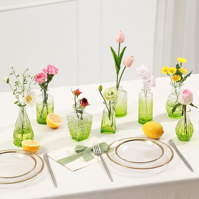 Olive Green Glass Bud Vases Set of 10, Wedding Table Centerpiece | Set of 10 Olive Green Vintage Glass Bud Vases, Earthy Tones for Rustic & Bohemian Wedding Centerpieces and Home Decor