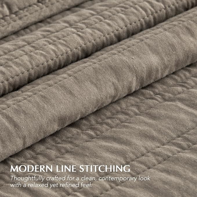 EVERGRACEHOME 100% Cotton Modern Lines Quilt Set King Size, Stone Taupe | Pre-Washed Soft Cotton, Striped Coverlet Bedspread, 3 Piece Lightweight Bedding Set for All Season, with 2 Pillow Shams