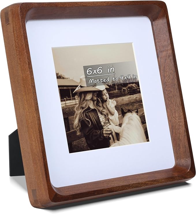 Square 6x6 Picture Frame with Mat for 4x4, USA-Sourced Natural Walnut Wood Handcrafted Rounded Corner with Real Glass, Vertical or Horizontal Display Photo Gallery Wall & Tabletop Frame