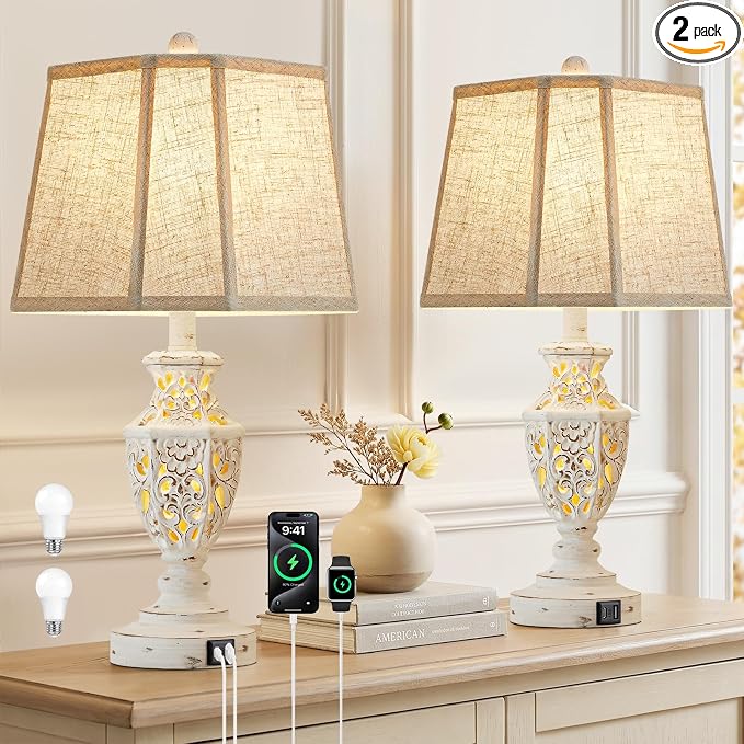 EJIAXIN Lamps for Night Stands Set of 2-23.5" Boho Bedside Lamp with USB A+C and Nightlight - Cream Rustic Carved Resin Farmhouse Table Lamp for Bedrooms, End Tables, Living Room, Bulbs Included