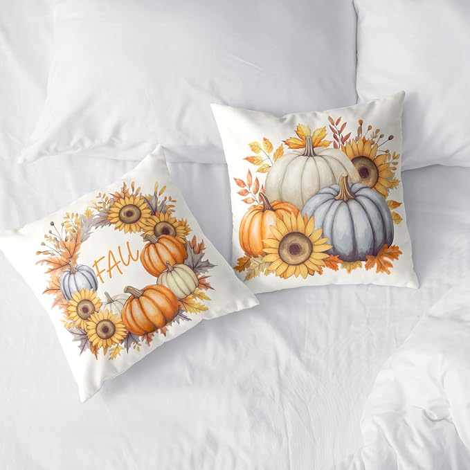 Fall Pillow Covers 22x22 Set of 2 Colorful Pumpkin Sunflower Wreath Throw Pillow Covers Autumn Harvest Pillow Case Thanksgiving Cushion Case for Home Decor Couch Sofa
