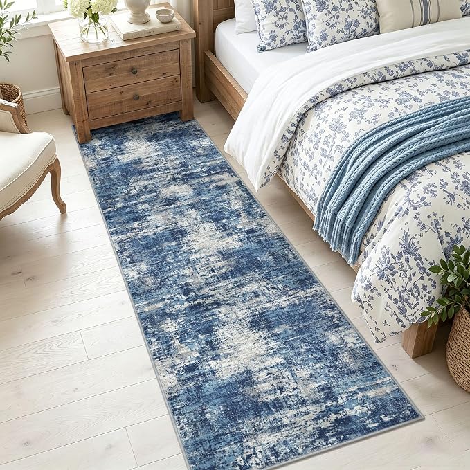 Lansny Abstract Washable 2x8 Runner Rug Runners for Hallways Non Slip | Blue;Thin Printed Faux Wool Entryway Runner Indoor;Hallway Runner Rug;Rubber Backed 8ft Floor Carpet Runners;Bedroom Runners