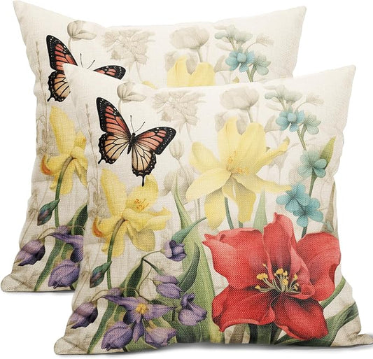Spring Summer Flower Outdoor Decorative Pillow Covers 16x16 Inch Set of 2 Floral Butterfly Throw Pillows Spring Farmhouse Pillowcases Cotton Linen Cushion Covers for Couch Bed Sofa Chair Home Decor