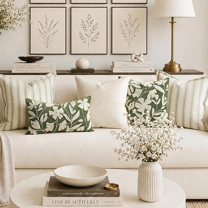 BlissBlush Decorative Throw Pillow Cover 20x20 Inch, Olive Green Floral Tufted Velvet Accent Pillow Case for Sofa Bed Living Room, Cover Only
