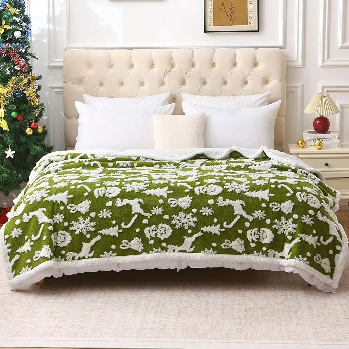 Christmas Green Knitted Sherpa Throw Blanket for Couch Bed Sofa 60"x80" | Ultra-Plush Comfort Decorative, Soft, Colorful Home, Couch, Outdoor, Travel Use Gift Choice Machine Wash