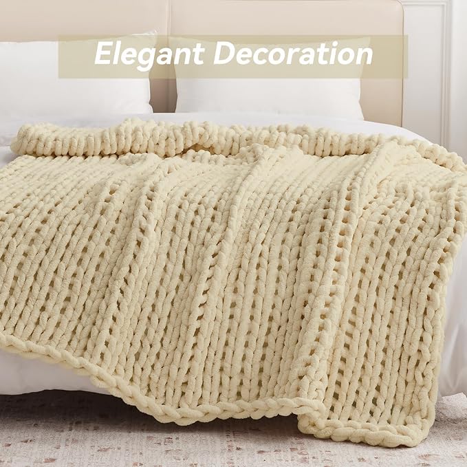Negwoo Chunky Knit Throw Blanket, Knitted Throw Chenille Yarn, 30"*40" | Soft Thick Cable Knitted Blankets, Handmade Big Thick Blanket, Machine Washable Cute Comfy Blanket for Home Decor, Oatmeal