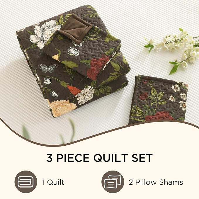 Litanika Floral Dark Brown Quilt - 3Pcs Botanical Birds Pattren Bed Set | Super King Plus Bedspread Summer Lightweight Soft Coverlet with Red Flower for All Seasons(128"x120")