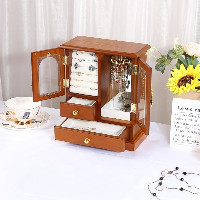 Kendal Wooden Jewelry Box for Women, Graduation Gift Solid Jewelry Holder Organizer, Mothers Day Gifts Wood Jewelry Case with Mirror for Necklaces, Earring, Rings (2 Side Door, Oak)