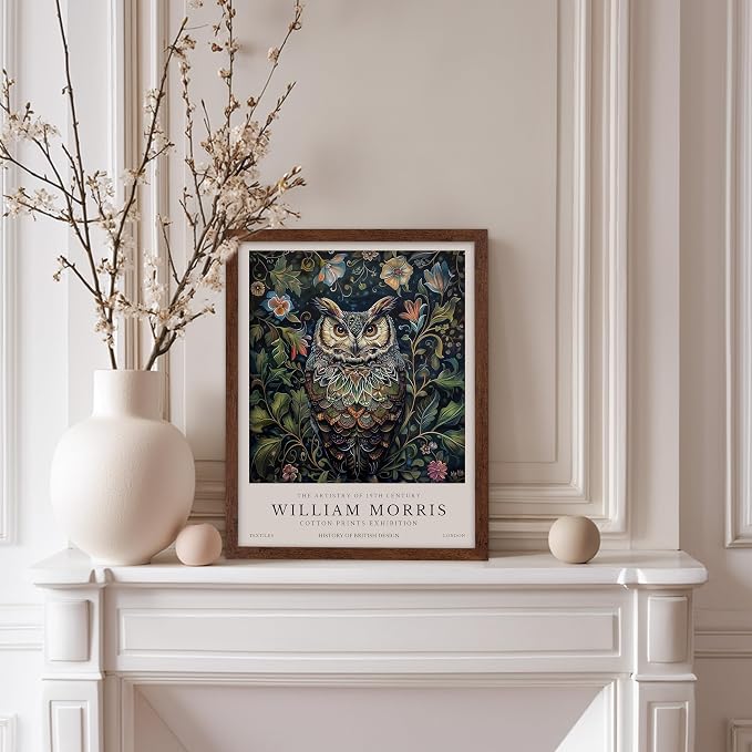 Poster Master William Morris Poster - Owl Print - Bird Art - Botanical Art - Flower Design - Exhibition Artwork - Animal Illustration - Floral Illustration - Aesthetic Design - Office or Bedroom Decor - 11x14 Brown Framed