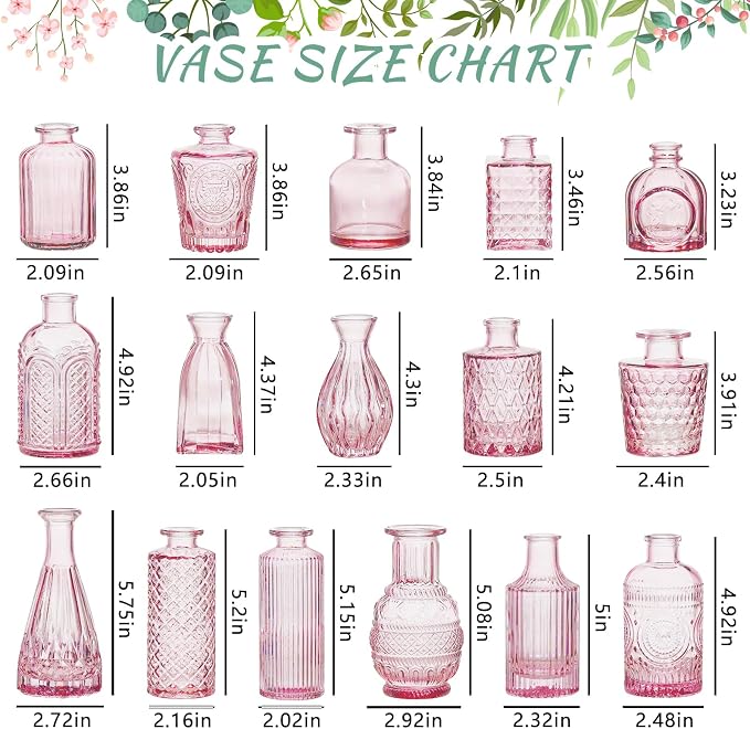SUPMIND 16Pcs Pink Glass Bud Vases in Bulk for Wedding Table Centerpieces | Small Flower Vases Cute Mini Vintage Vase Set for Wedding, Home Decor, Table Decoration