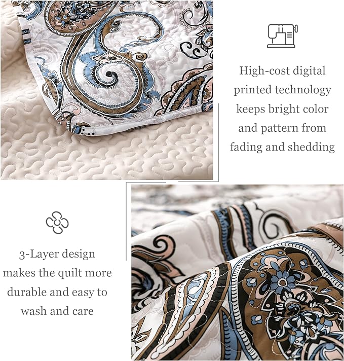 Whale Flotilla Patchwork Quilts Queen Size, Soft Boho Paisley Bedspreads | Reversible Lightweight Full Queen Quilt Bedding Set for Bed, Bone Grey Printed Coverlets with 2 Pillow Shams for All Seasons