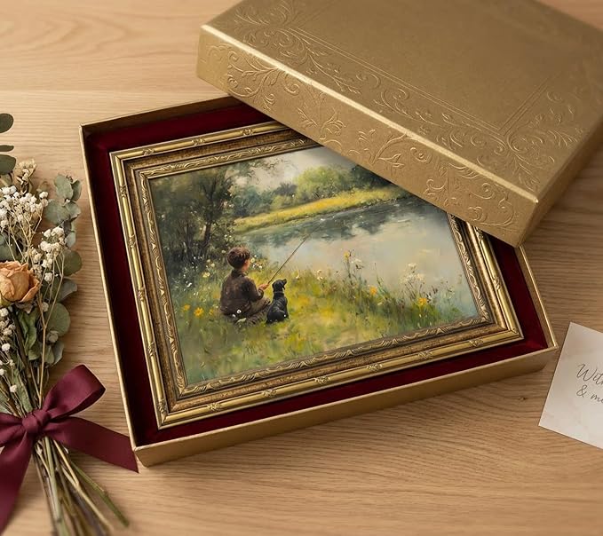 Vintage Gold Framed Wall Art Boy Fishing Country Painting Picture Peaceful Lake Landscape With Dog Wall Decor Rustic Farmhouse Poster Print for Nursery Living Room Bedroom 12x16in