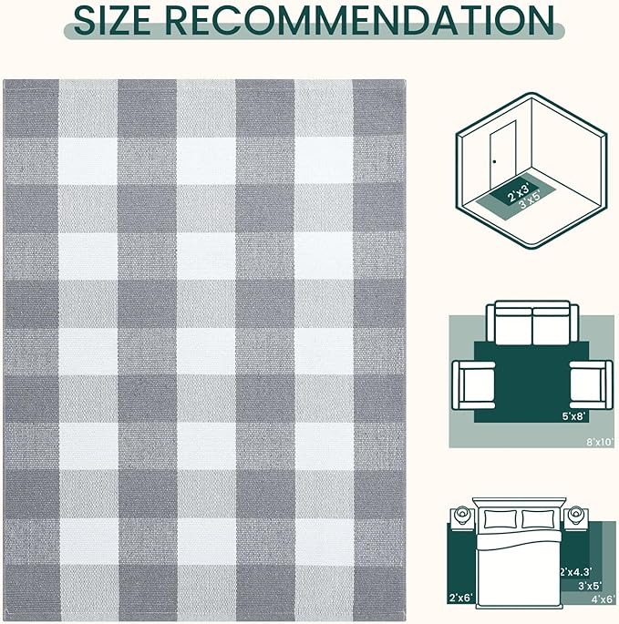KOZYFLY Buffalo Plaid Area Rugs 3x5 Grey and White Washable Front Door Mat | Woven Cotton Outdoor Rug, Checkered Doormat for Front Porch Patio Farmhouse, Indoor Kitchen Entryway Rug