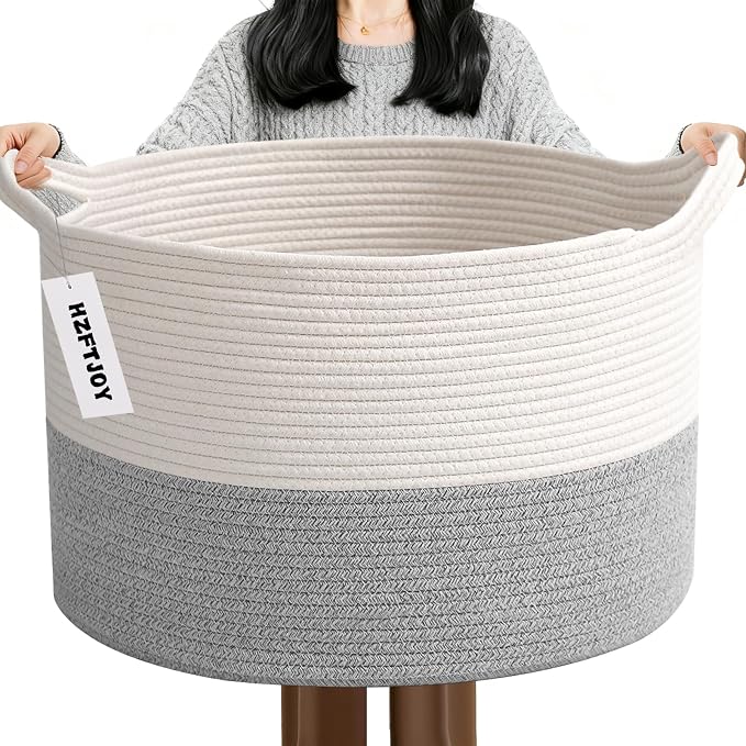 65L Large Blanket Basket,Woven Rope Laundry Basket-White&Grey | Collapsible, reinforced handles, nursery storage bin organizes clothes, toys and pillows for living room, bedroom bathroom