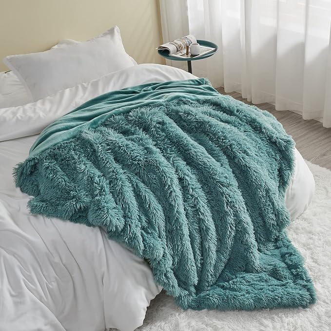 GONAAP Fuzzy Faux Fur Throw Blanket for Couch, Light Teal, 50"x60" | Warm Cozy Plush Shaggy Decorative Reversible Thick Non-Heated Fleece Blanket for Sofa Bed, Gift for Women Men, All Season Use