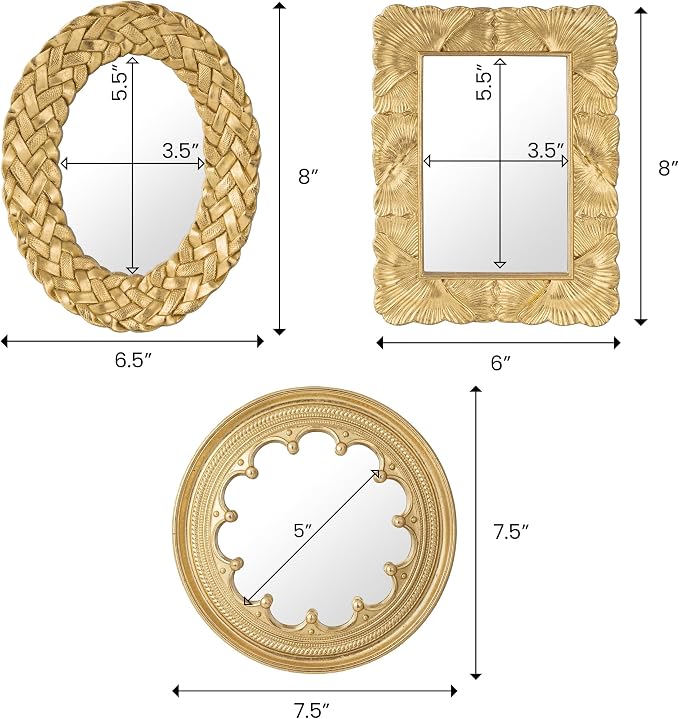 AELS 3 Pack Small Antique Gold Mirror Wall Decor, Wall Hanging Mirror Decor, Luxury Home Decor, Vintage Wall Mirror Set of 3, Small Decorative Mirrors for Living Room Entryway Bedroom