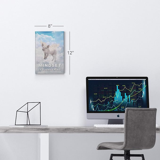 Smile Art Design Mindset is Everything Pig with Wings Flying in Sky Motivational Wall Art Canvas Print Inspirational Entrepreneur Quote Canvas Print Modern Office Decor Gift Ready to Hang 36x24