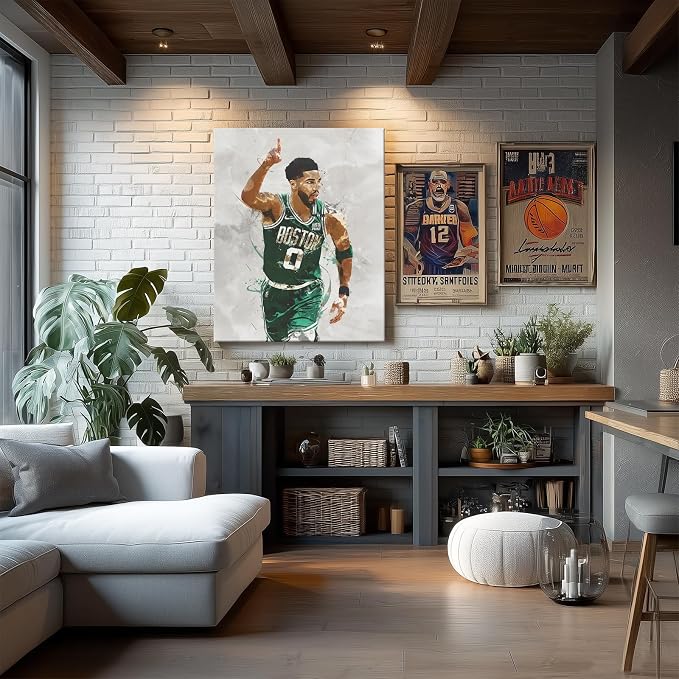 Jayson Tatum Basketball Canvas Wall Art, Sports Player Poster, 16x20 Inch | Abstract splash ink athletic artwork, motivational sports wall decor for teen boys room, bedroom, living room, gym or office