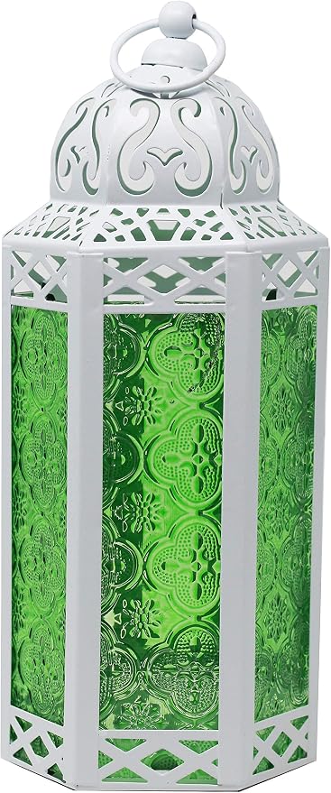VELA LANTERNS 10.5" White Moroccan Lamp Lantern Decorative Candle Holder for Ramadan Decorations, Indoor Home Decor, Outdoor Patio or Porch, Weddings, Green Glass, Medium