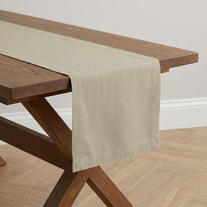 Solino Home 100% Pure Linen Dining Table Runner Khaki, Fete 14 x 90 in Long | Table Runners for dining, console and side tables, neatly mitered corners, artisan crafted, Vintage Khaki, OEKO-TEX Certified
