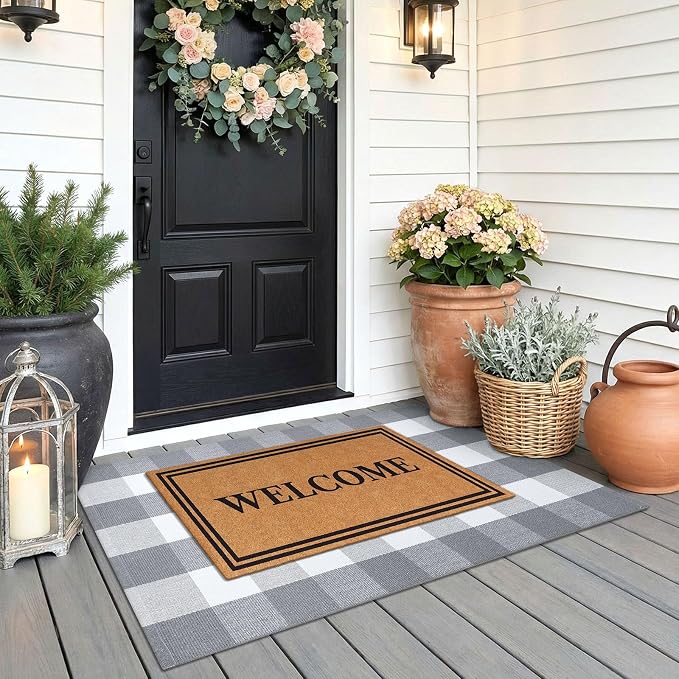 KOZYFLY Buffalo Plaid Area Rugs 2.3x3.6 Ft Grey and White Door Rug | Washable Front Door Mat, Woven Cotton Indoor Outdoor Rug, Checkered Doormat for Front Porch Kitchen Entryway Patio Farmhouse