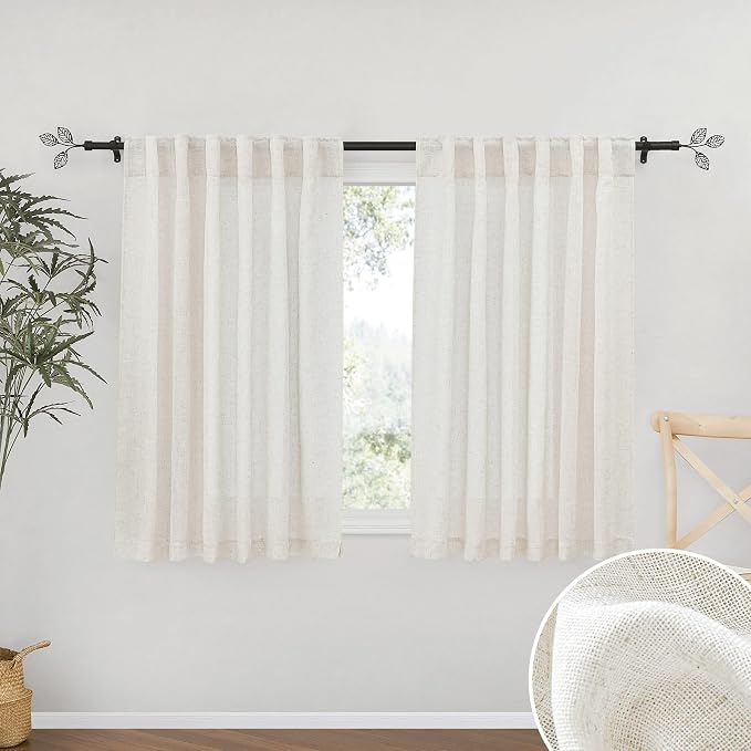 RYB HOME Linen Semi Sheer Kitchen Curtains Over Sink 36 inches Length | Light Filtering, Half Privacy, Breathable Airy, Short Tiers for Cafe Bathroom RV Camper, W52 x L36, Linen, 2 Panels