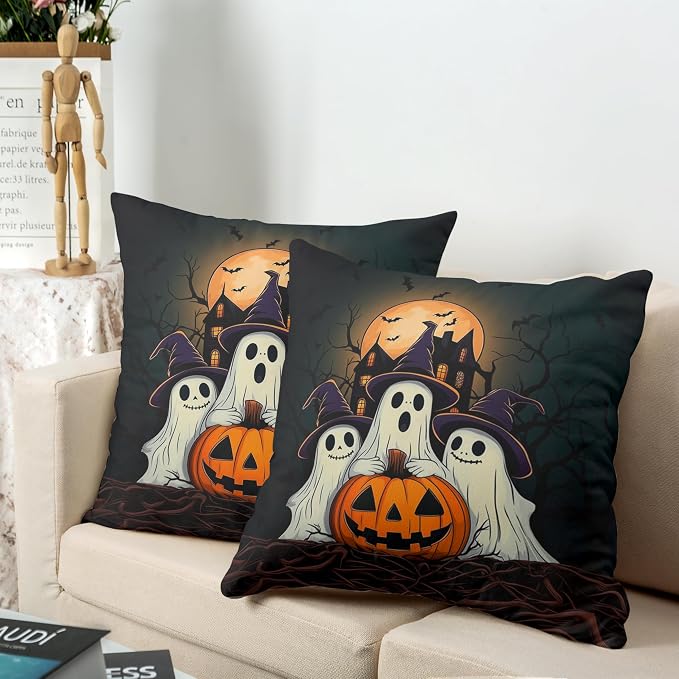 Set of 2 Halloween Pillow Covers 16x16 Ghost Throw Pillow Covers Full Moon Night Castle Bat Pillow Case Jack-O-Lantern Cushion Case for Holiday Party Decor Couch Sofa