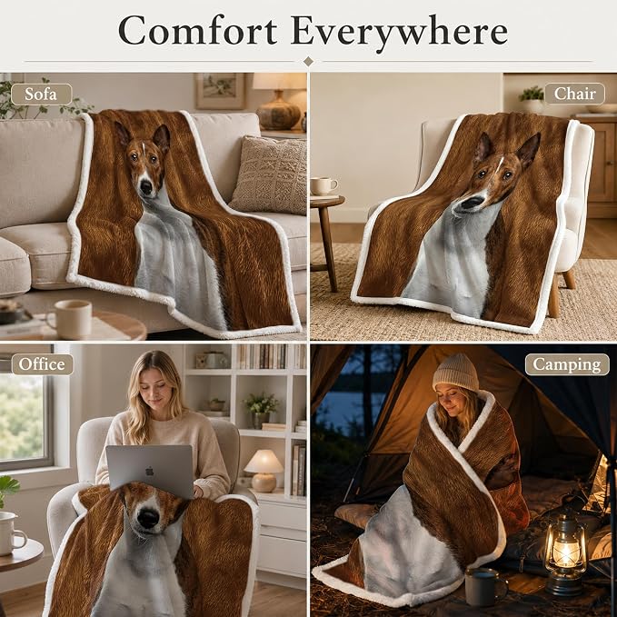 BlessLiving Throw Blanket, Brown Dog Animal Gift, 50x60 in | sherpa fleece fabric, Basenji Large Pet Blankets Puppy Lovers print, for couch or sofa, pet lovers, easy machine care