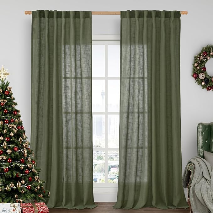 95 Inches Long Olive Green Linen Curtains for Living Room, 2 Panels | Linen Textured Curtains, Semi Sheer, Light Filtering, Curtains for Bedroom, Dining Room, Rod Pocket Back Tab, 52 x 95 Inch