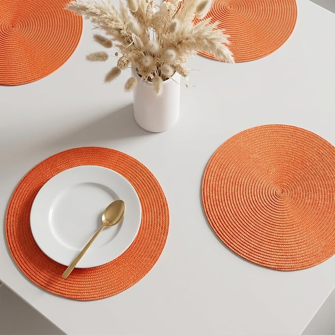 AHHFSMEI Round Placemats Set of 8 Heat Resistant Washable Non-Slip Woven Braided Table Mats for Dining Table Kitchen & Home Decor (Orange,8)