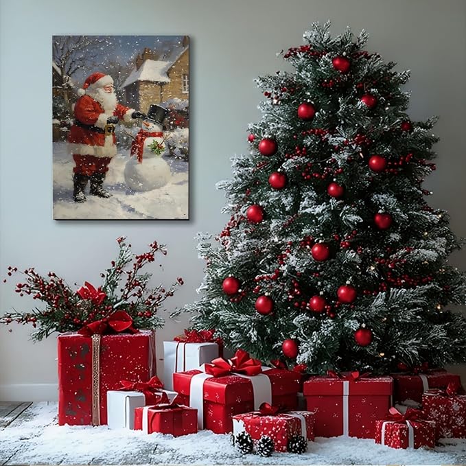FLZYKGPA Christmas Wall Art Prints 24x36, Winter Christmas Picture Wall Decor Santa Snowman Canvas Artwork for Bathroom, Snow Scene Street Aesthetic Posters for Bedroom, Christmas Holiday Decor