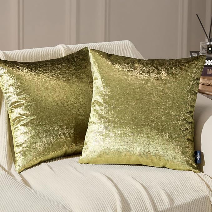 Phantoscope Pack of 2 Sparkling Velvet Decorative Solid Throw Decorative Pillow Cover Soft Gold Glitter Square Cushion Cover Pillowcase for Couch Bed and Chair, Green, 18 x 18 inches, 45 x 45 cm