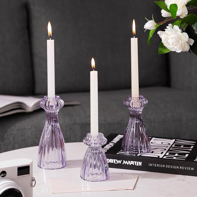 Lysenn Glass Candlestick Holders, Taper Candle Holders Set of 3, Purple