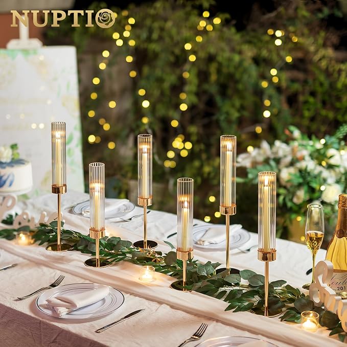 NUPTIO Hurricane Candle Holder for Centerpiece: Set of 6 Tall Candle Stick Holder with Ribbed Glass Cover - Bulk Fluted Taper Candlestick Decor for Living Room Thanksgiving Christmas