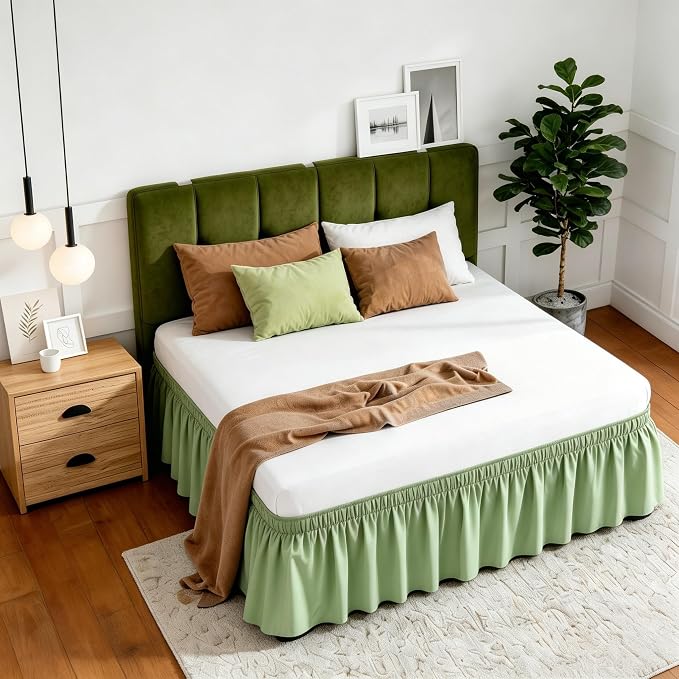Vocander Sage Green Full Bed Skirt 14 Inch Drop, Elastic Wrap Dust Ruffle | Hides Underbed Storage, No Mattress Lifting, Elastic Stays Put, Soft Fabric, Machine Washable, Polished Look