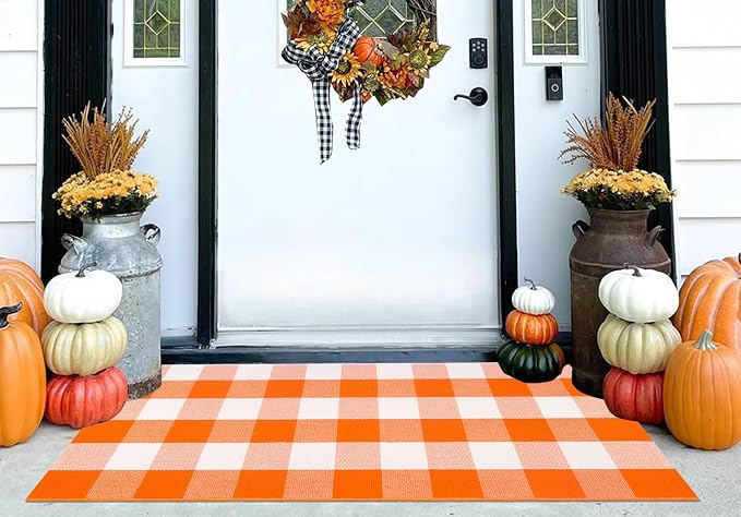 Front Porch Rug 24''x51''Orange and White Outdoor Rug Cotton Washable Fall Door Mat Outdoor for Layered Doormat Halloween Door Mat Kitchen Farmhouse Entryway