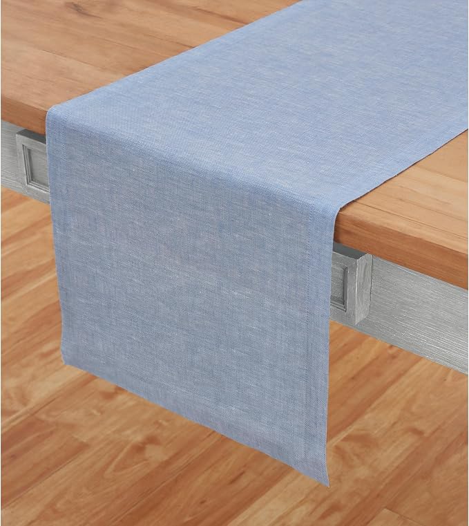 Solino Home 100% Pure Linen Table Runner Chambray Blue, Athena 14 x 132 in | brings a tailored look to family meals and hosting, European flax fibres, a refined home accent, soft, OEKO-TEX Certified