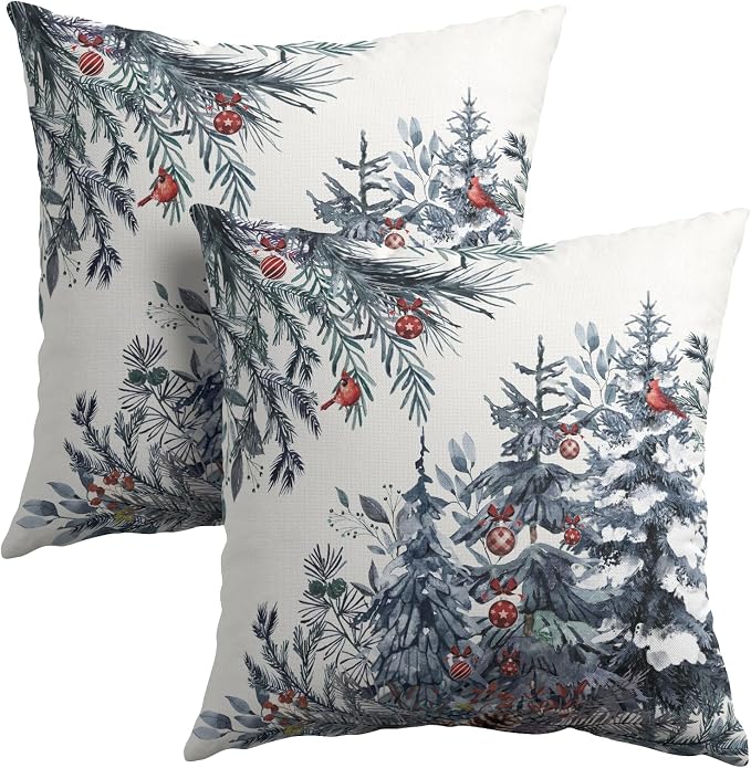 Christmas Tree Throw Pillow Covers 22x22 Inch Set of 2 Winter Watercolor Blue Grey Pine Trees Berry Bells Birds Decorative Pillowcase Xmas Holiday Cotton Linen Cushion Cover for Home Sofa Couch Patio