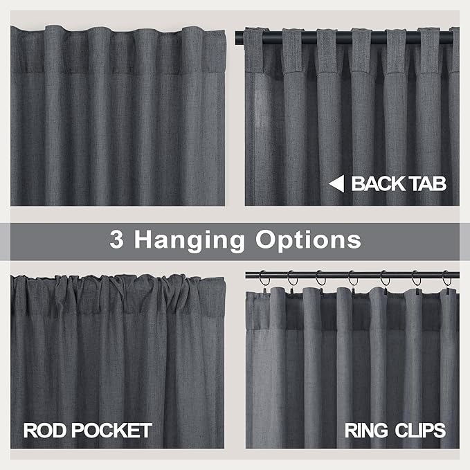 Grey Curtains for Living Room 96 Inches Long 2 Panels Back Tab Light Filtering Linen Semi Sheer Modern Farmhouse 8ft Curtain Drapes for Bedroom Home Office Ceiling to Floor Length Charcoal Dark Gray